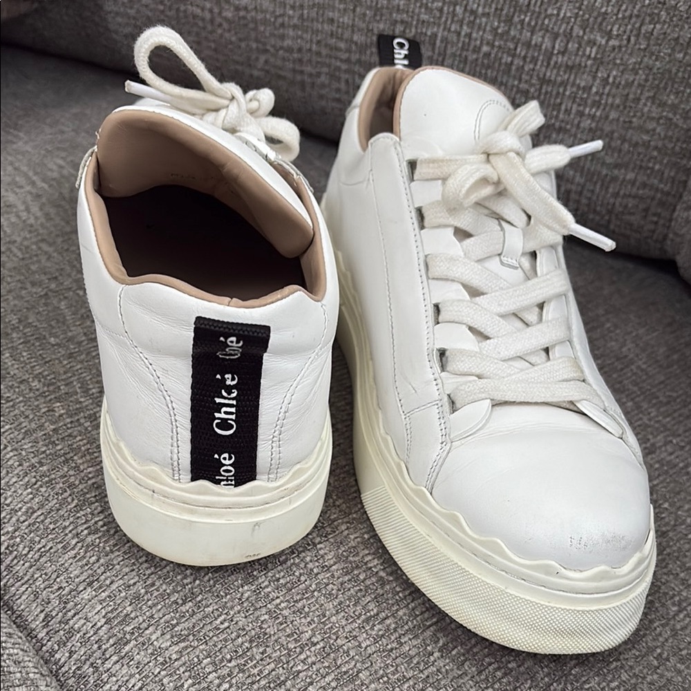 Chloe Scalloped Leather White Sneakers with Textured Upper and Thick Sole - Picture 2 of 16